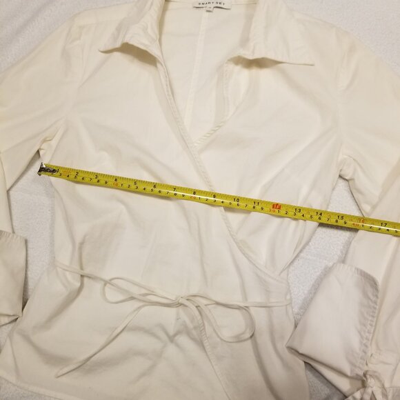 White Cotton Wrap Top Collared Tie Long Sleeves Preppy Blouse Medium Smart Set - Picture 14 of 15